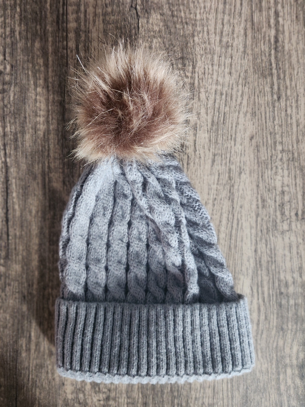 Grey Knit Pom Pom Winter Beanie